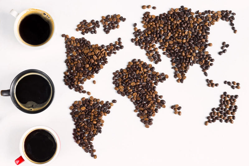 Map made with coffee beans on white background