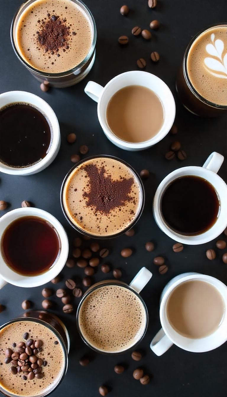 Top-down view of seven cups with different types of coffee
